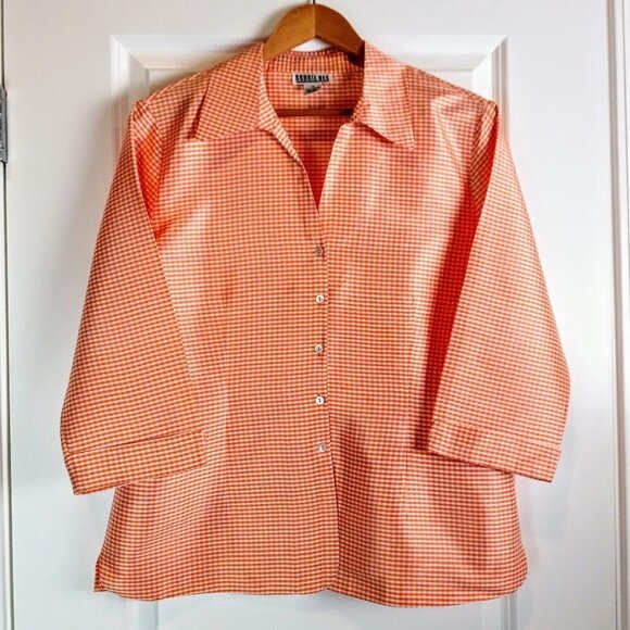 Robbie Bee Orange White Gingham Check Silk Shirt - Picture 1 of 4